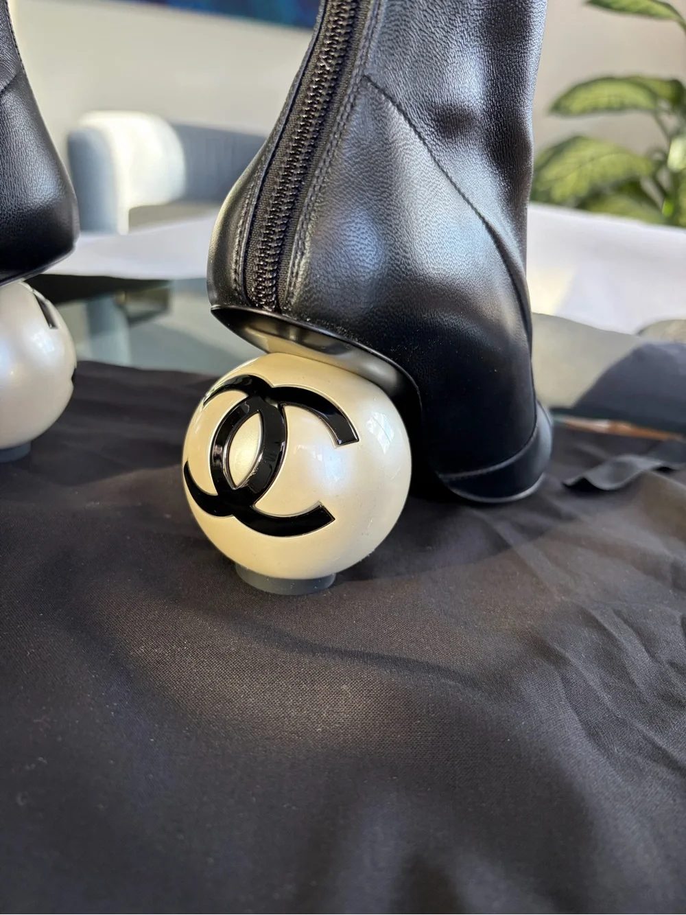 CHANEL 25K Pearl Ball Heel CC Logo Stretch Black Leather Mid Calf Boots 38.5 NIB